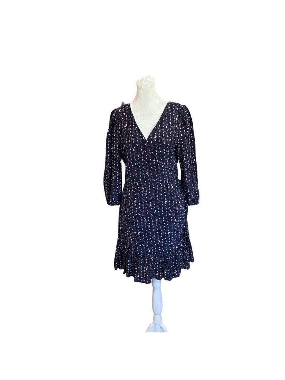 Tanya Taylor Bernadine Size 10 silk faux wrap short dress navy blue ruffle hem